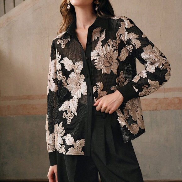 Black Women's Romantic Elegant Floral Embroidery Semi-Sheer Casual Blouse - Picture 3 of 8